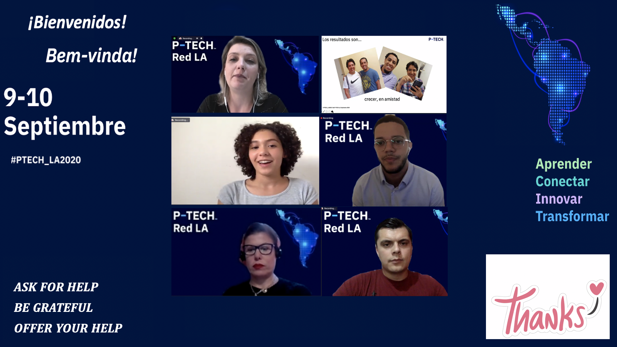 Red P-TECH 1 Picture with the color scheme and iconography of the P-TECH LA 2020 virtual event. In the middle, there are photos of the mentors and speakers.
