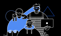 Cybersecurity illustration, 3 characters posing in a group